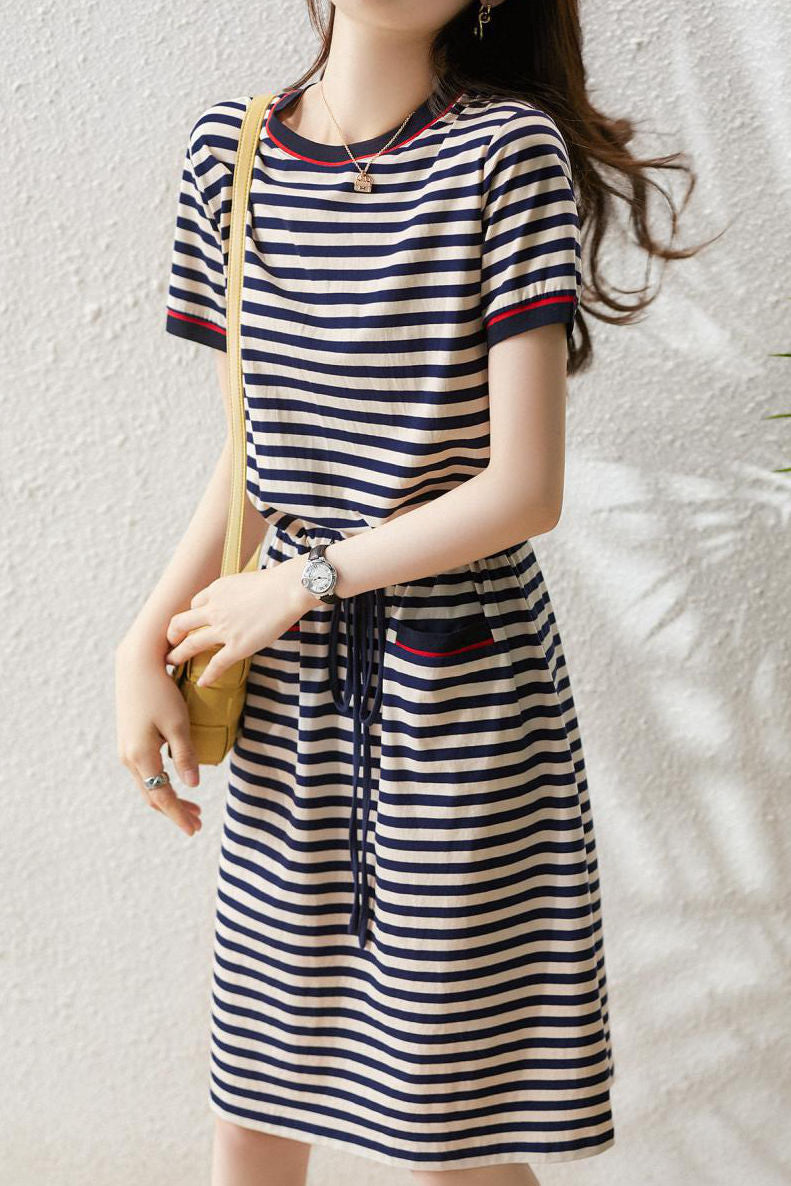 Casual Striped Fitted Waist Dress