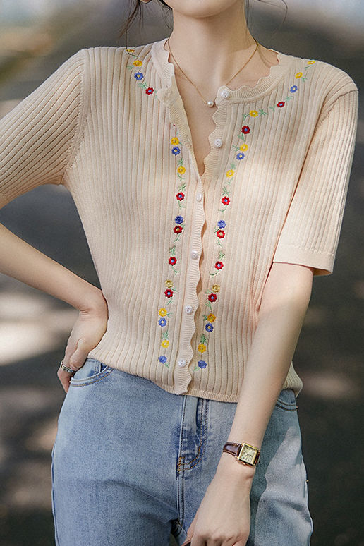 French Embroidered Button Knit Sweater