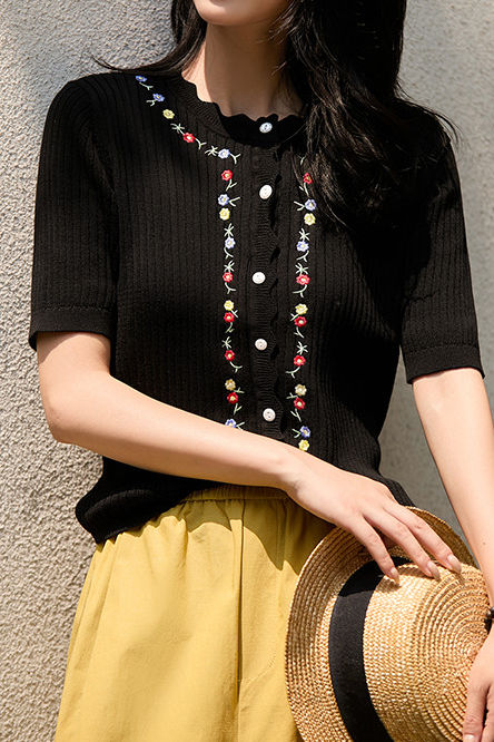 French Embroidered Button Knit Sweater