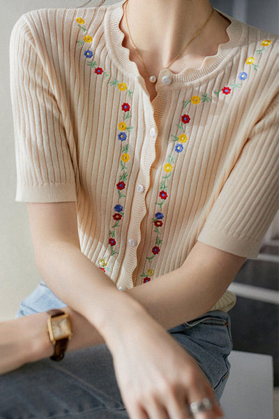 French Embroidered Button Knit Sweater