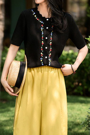 French Embroidered Button Knit Sweater