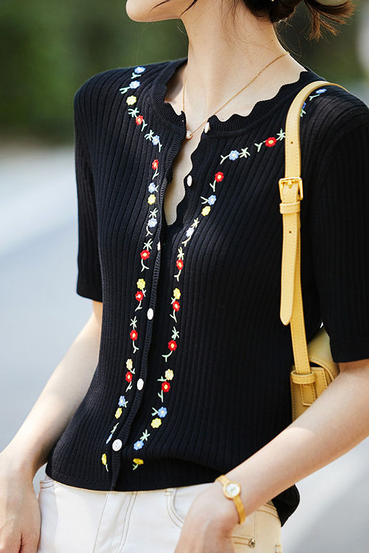 French Embroidered Button Knit Sweater