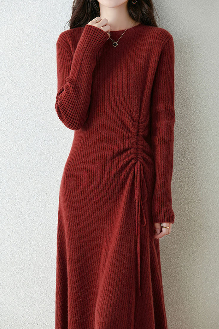 Early Autumn Elegant Drawstring Slim Knit Dress