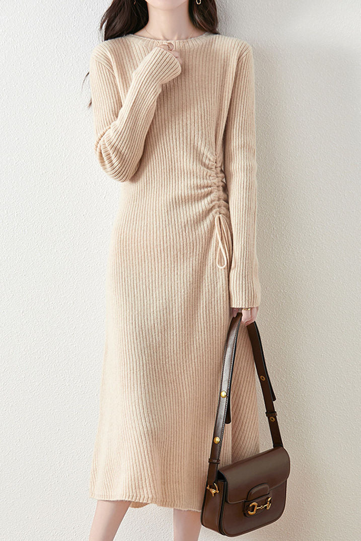 Early Autumn Elegant Drawstring Slim Knit Dress