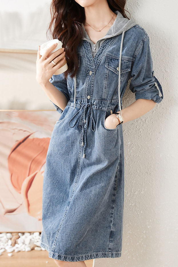 Stylish Hooded Spliced Denim Dress