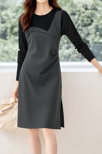 Fashionable color-blocking fake two-piece dress