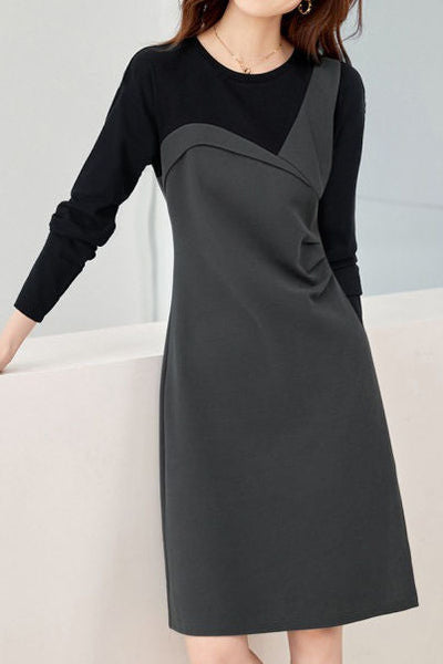 Fashionable color-blocking fake two-piece dress