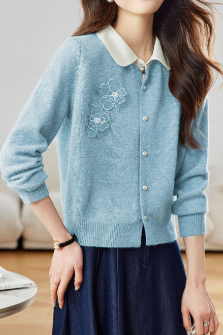 Early autumn color-blocking lapel knit cardigan