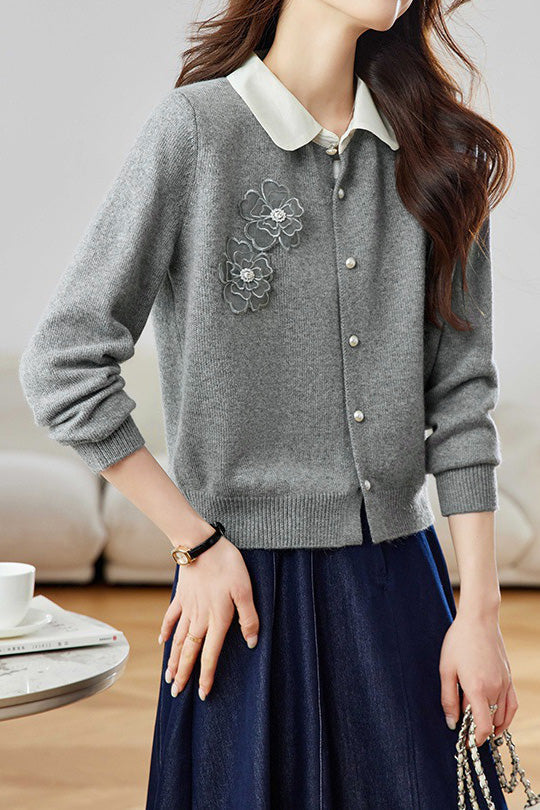 Early autumn color-blocking lapel knit cardigan