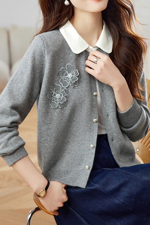 Early autumn color-blocking lapel knit cardigan