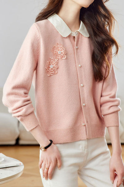 Early autumn color-blocking lapel knit cardigan