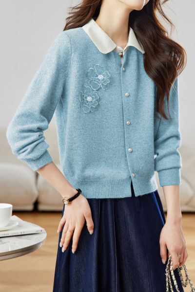 Early autumn color-blocking lapel knit cardigan
