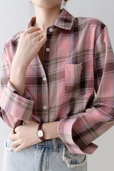 Simple pink plaid long-sleeve shirt