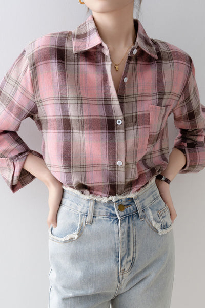 Simple pink plaid long-sleeve shirt