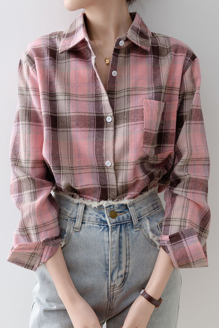 Simple pink plaid long-sleeve shirt