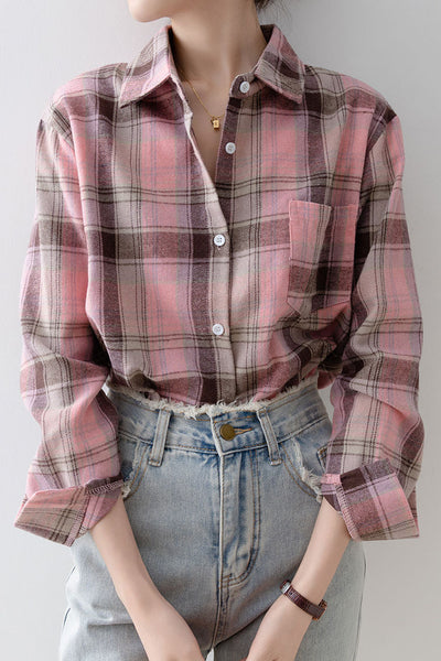 Simple pink plaid long-sleeve shirt