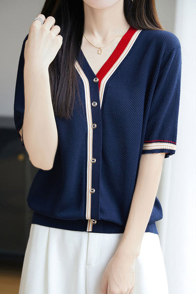 Fashionable and simple color-blocking knit sweater