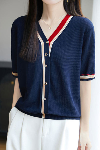 Fashionable and simple color-blocking knit sweater