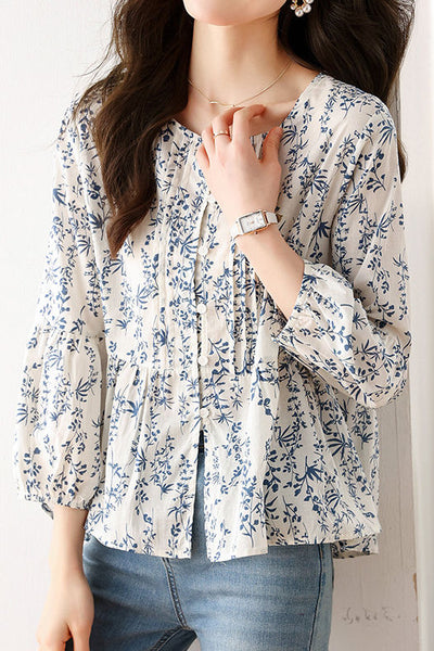 Fashionable Casual Floral Print Three-Quarter Sleeve Shirt