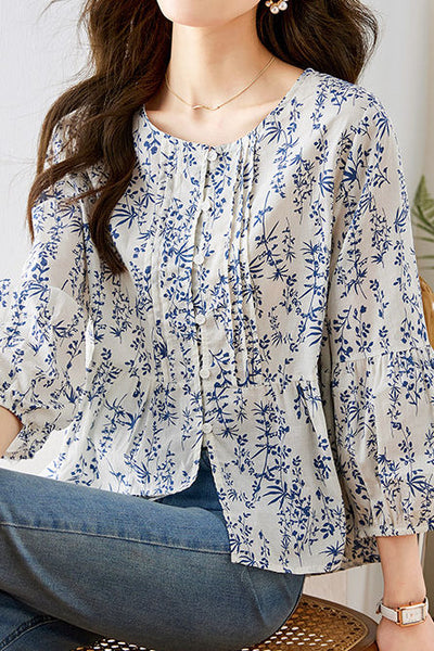 Fashionable Casual Floral Print Three-Quarter Sleeve Shirt