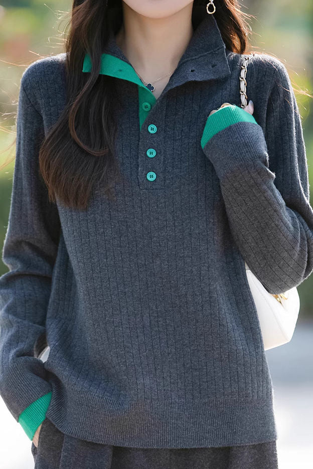 Early autumn retro color-block half-open neck ribbed sweater