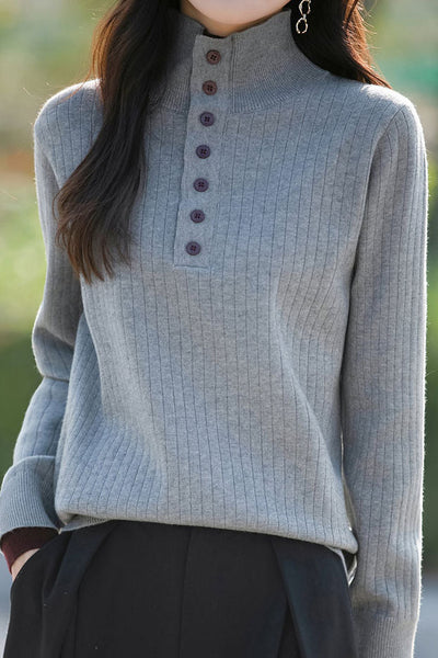Early autumn retro color-block half-open neck ribbed sweater