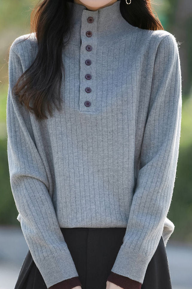 Early autumn retro color-block half-open neck ribbed sweater