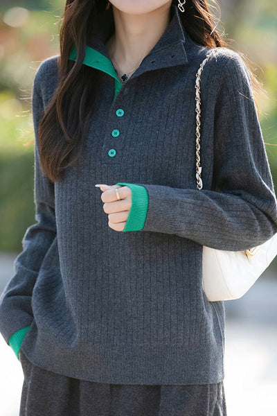 Early autumn retro color-block half-open neck ribbed sweater
