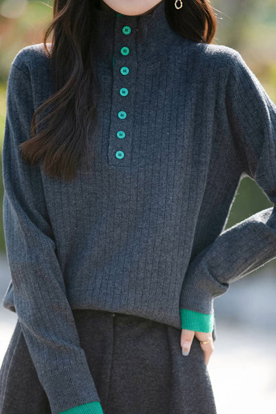 Early autumn retro color-block half-open neck ribbed sweater