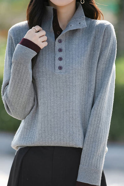 Early autumn retro color-block half-open neck ribbed sweater