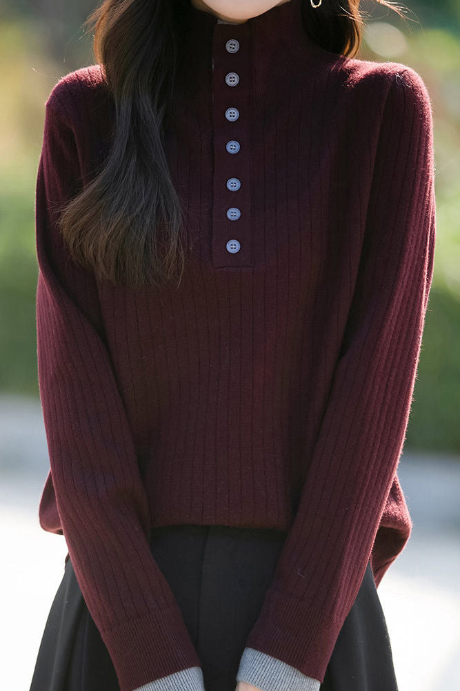 Early autumn retro color-block half-open neck ribbed sweater