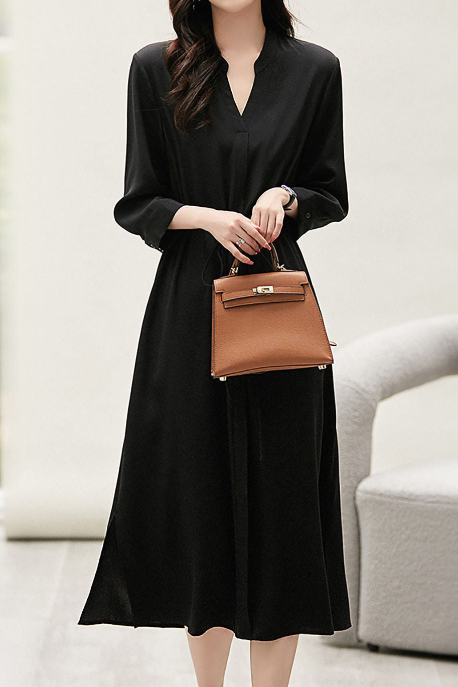 Elegant commuting waist-tightening shirt dress