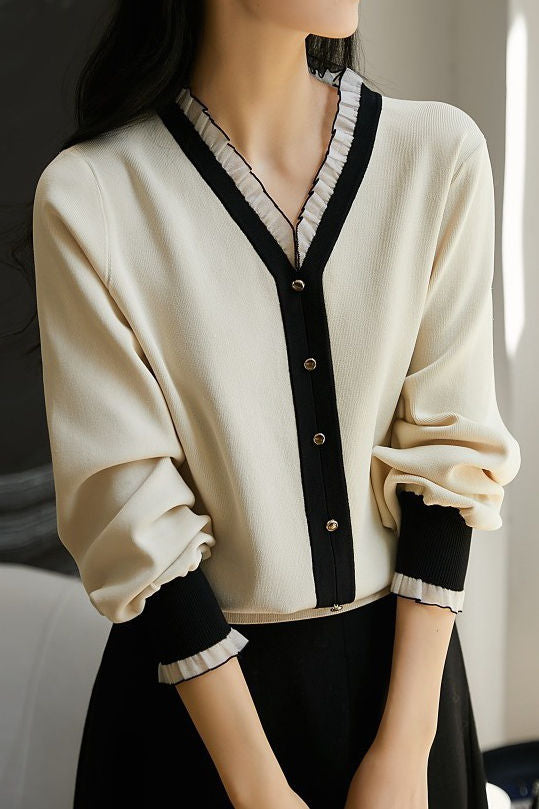 Early autumn elegant lace collar color-block long-sleeve knitwear