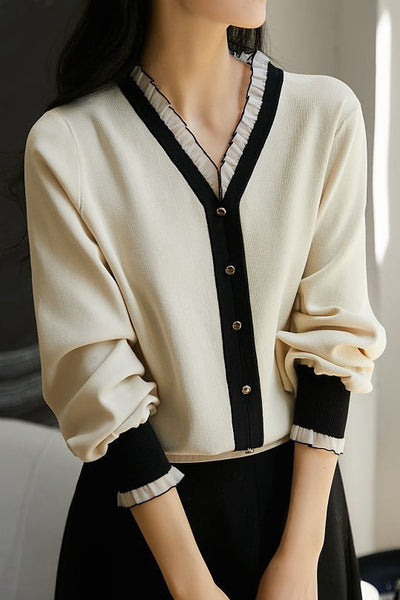 Early autumn elegant lace collar color-block long-sleeve knitwear