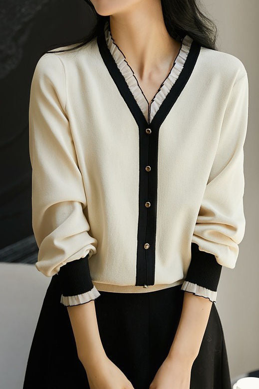 Early autumn elegant lace collar color-block long-sleeve knitwear