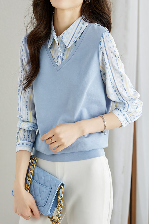 Versatile commuting fake two-piece spliced geometric printed shirt