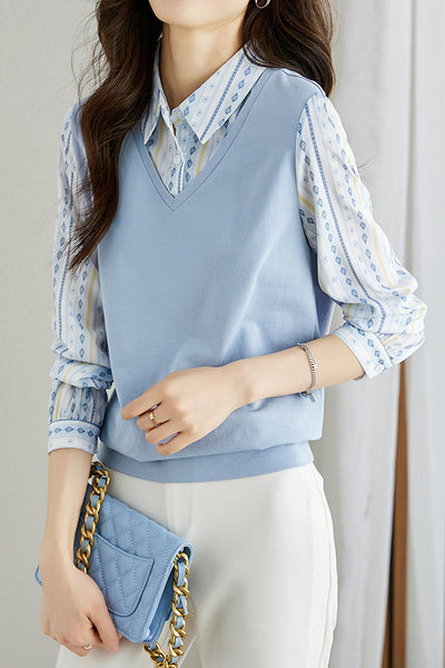 Versatile commuting fake two-piece spliced geometric printed shirt