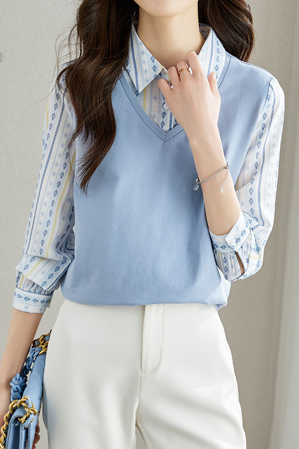 Versatile commuting fake two-piece spliced geometric printed shirt