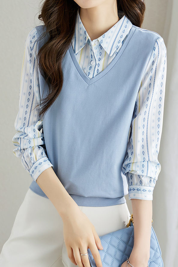 Versatile commuting fake two-piece spliced geometric printed shirt