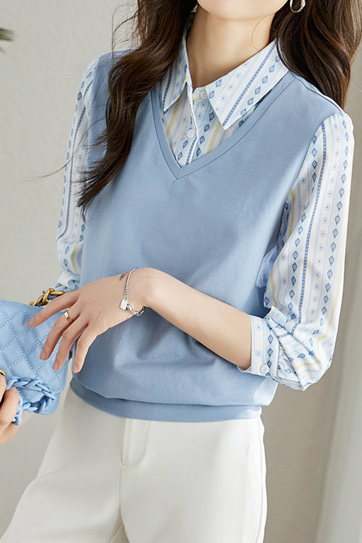 Versatile commuting fake two-piece spliced geometric printed shirt