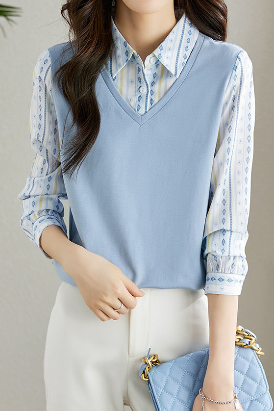 Versatile commuting fake two-piece spliced geometric printed shirt