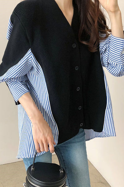 Loose casual color-block spliced striped coat