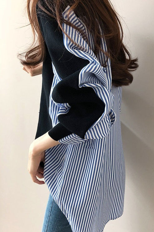Loose casual color-block spliced striped coat