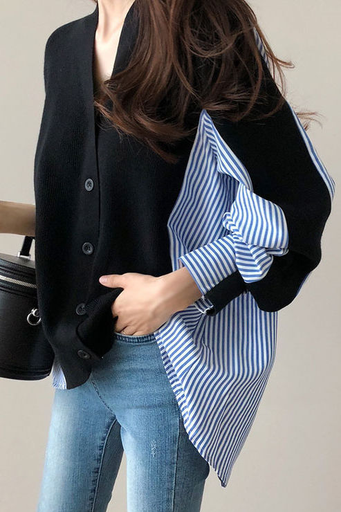 Loose casual color-block spliced striped coat