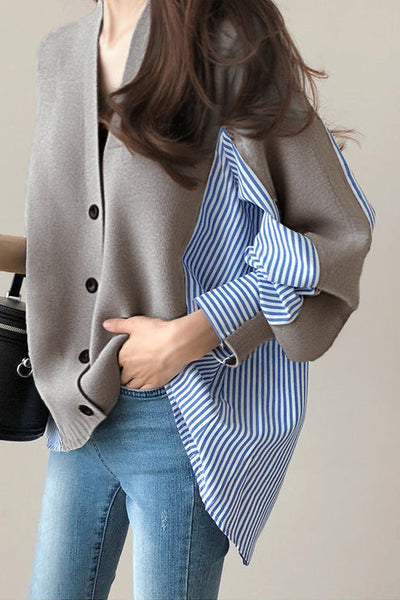 Loose casual color-block spliced striped coat