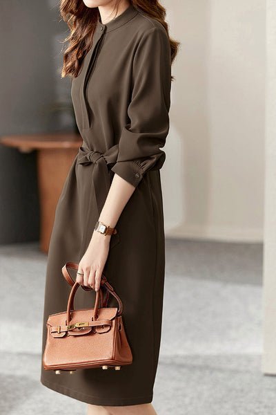 Elegant commuting stand-collar waist-cinched dress