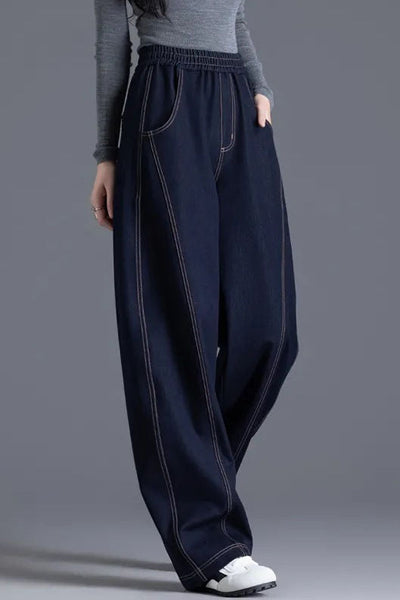 Fashionable elastic waist curved-leg jeans