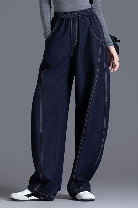 Fashionable elastic waist curved-leg jeans