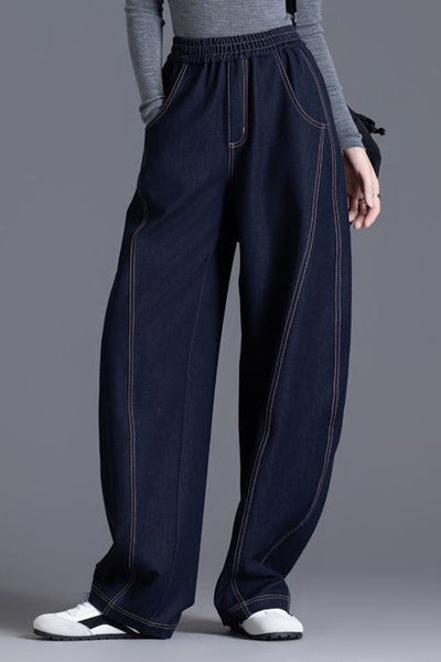 Fashionable elastic waist curved-leg jeans