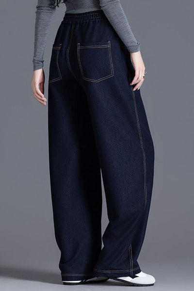 Fashionable elastic waist curved-leg jeans